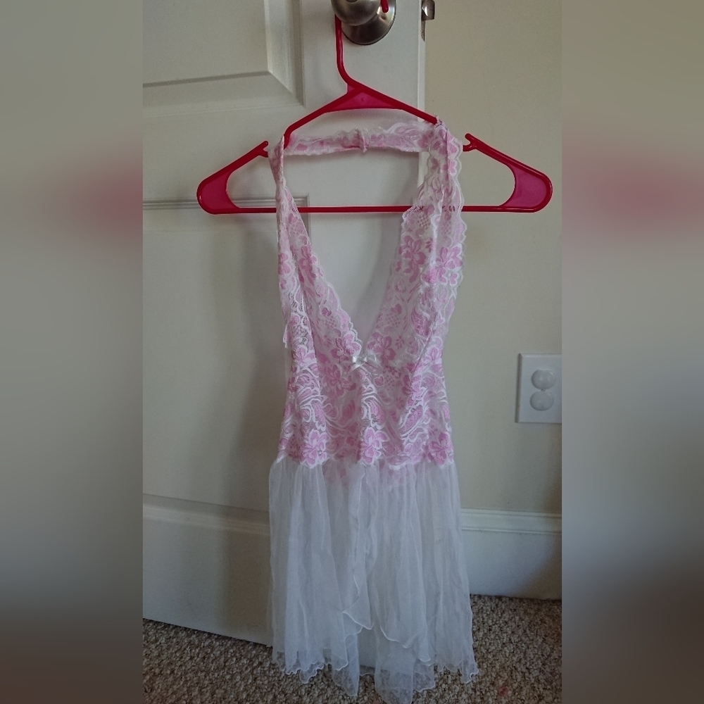 Frederick's of Hollywood White Pink Lace Slip Dress size S